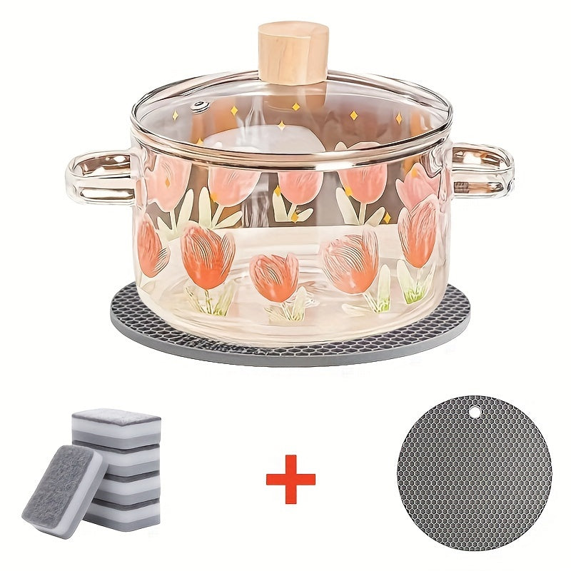 Glass soup pot with tulip print design, includes 1 heat-resistant pad and 5 sponge brushes. Made of high-borosilicate non-stick cookware material, suitable for use on electric stoves. Perfect for cooking soups, milk, and pasta in the kitchen.