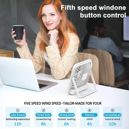 The YITUMU Mini Desktop Fan is a USB-charging portable fan with a square shape. It has a 1800mAh rechargeable battery, making it perfect for use on cruises. This fan provides powerful wind and has 5 adjustable speeds for personalized cooling. It operates