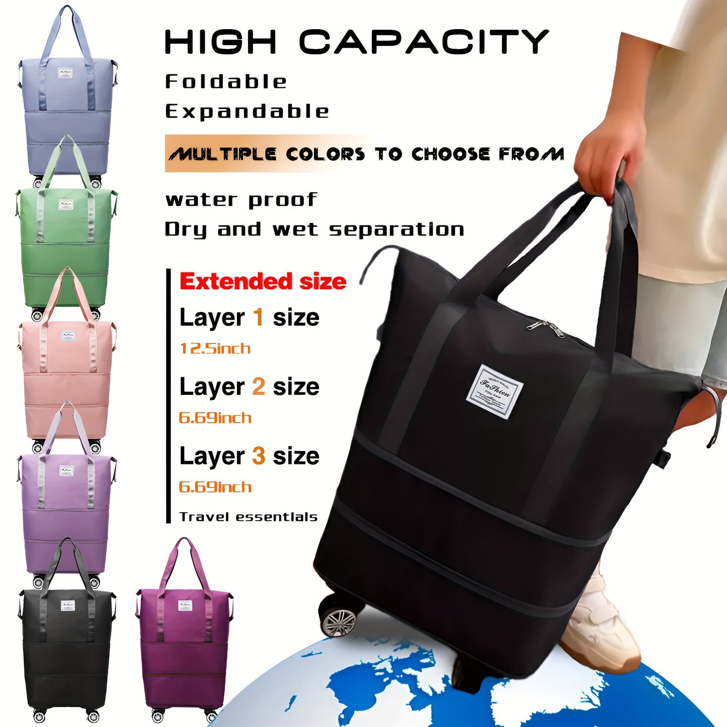 Large 3-layer travel bag with wheels - Waterproof nylon luggage for daily commute & moving