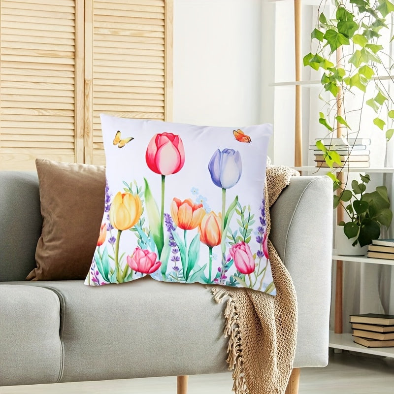 Modern Floral and Butterfly Print Decorative Pillow Cover, Made of Polyester, Easy to Clean in the Washing Machine, Features a Zipper Closure, Ideal for Adding a Touch of Spring to Your Living Room Decor or Party Setting.