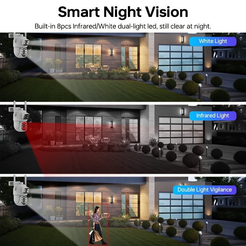 The Zhxinsd Dual Lens 1920P HD WiFi Smart Security Camera features app push notifications, two-way audio, video playback, motion detection, color night vision, and supports both 2.4G and 5G wireless connections. It can be used indoors or outdoors, is USB