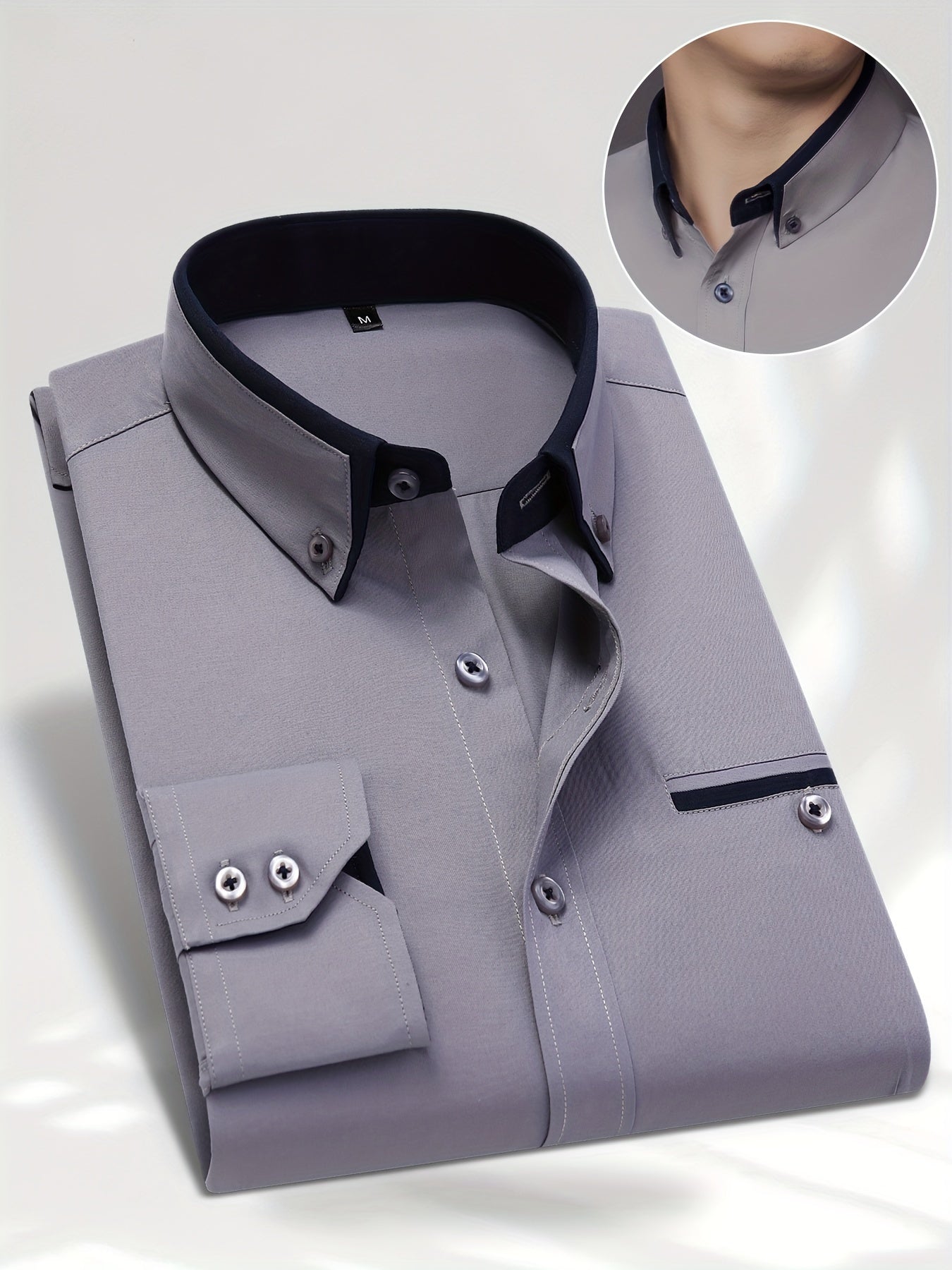 Men's color block shirt, made of 60% polyester and 40% cotton, with long sleeves, regular fit, lapel collar, and button details. Made of woven fabric, non-stretch, and suitable for work