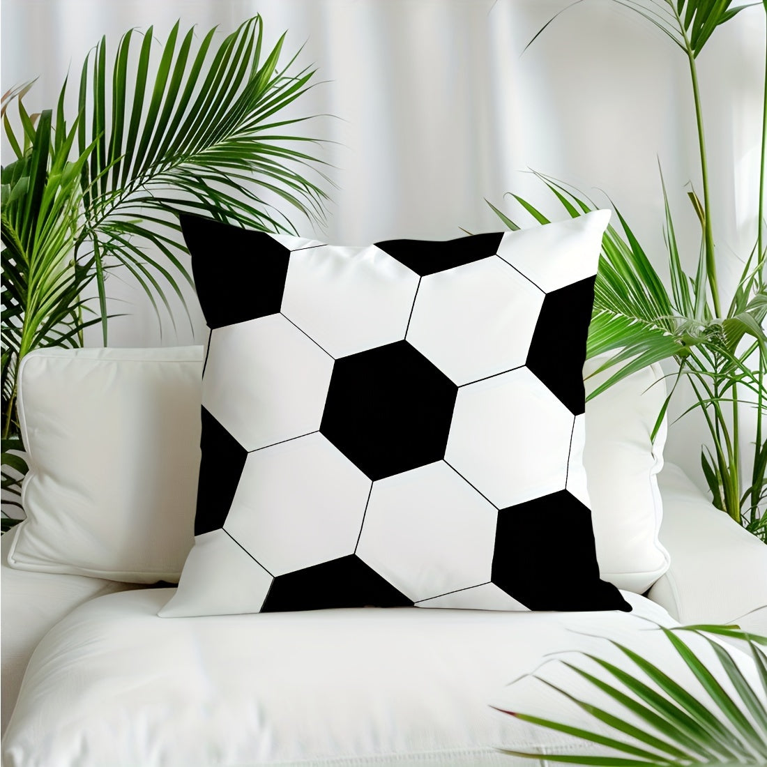 Soccer ball print pillow cover, soft polyester, 45x45cm, black & white hexagonal design, zipper closure, machine washable. Perfect for sofa, bedroom, and living room décor. Ideal for couch pillows.