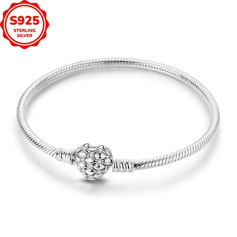 925 Sterling Silver Heart Snake Bone Bracelet with Sparkling Grid Design, Ideal for Charm Beads and Casual Attire