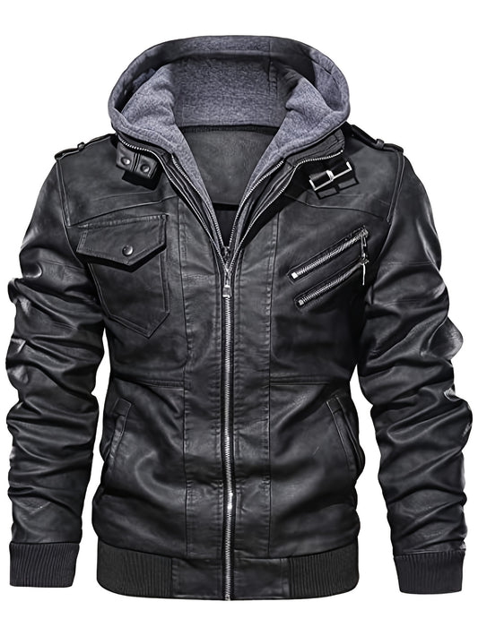 Men's Retro Hooded Biker Jacket - Windproof with Multiple Pockets, Casual Fall/Winter Outerwear, Black, Zip-Up Closure, Polyester Lining, Glossy Finish