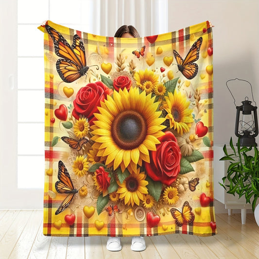 This versatile Sunflower and Butterfly Print Flannel Fleece Throw Blanket is the perfect addition to your home decor. With its reversible design, tear-resistant construction, and all-season functionality, this blanket combines contemporary style with