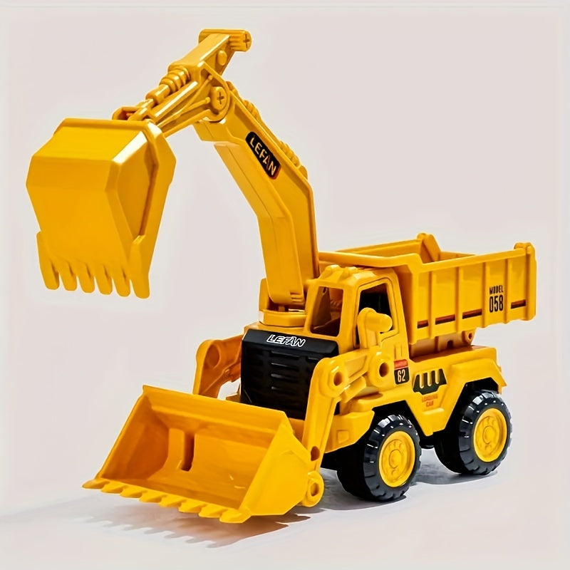 High quality engineering vehicle simulation toy gift for back to school, featuring excavator, bulldozer, and tipper truck in one.