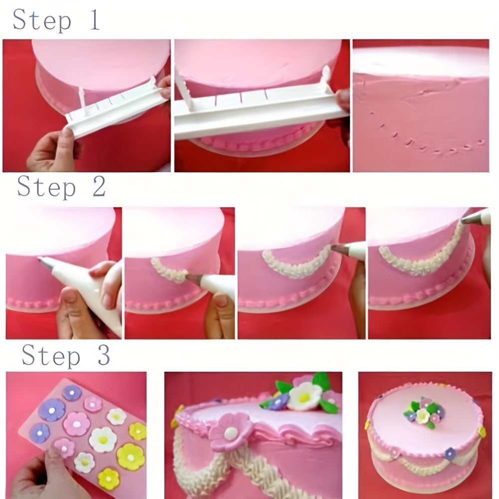 Fondant Cake Arc Ruler Decorating Tool Set with Graduated Scale, perfect for measuring and creating intricate designs for baking and pastry art. Includes Swag Marker, Dividing Set, Garland, Sugarcraft, Gum Paste, Sugar Candy, and other decorative