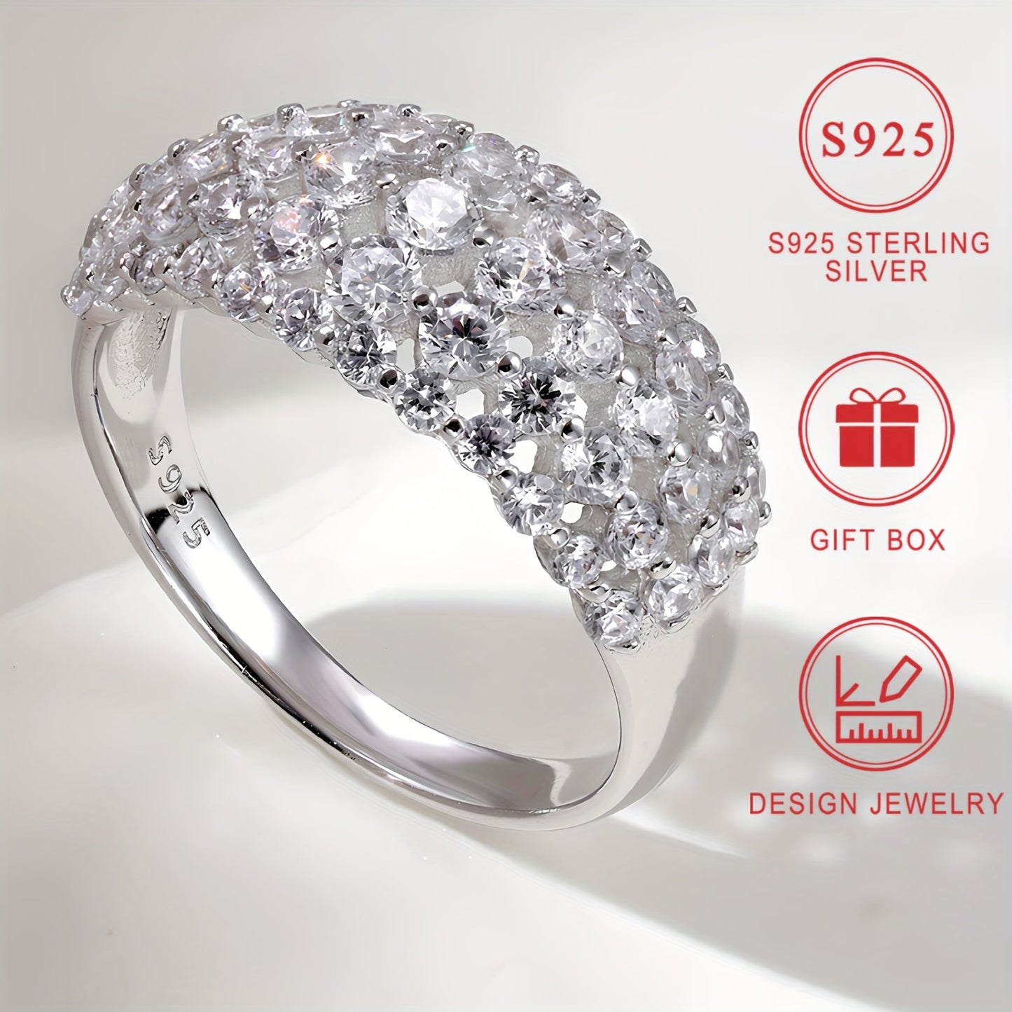 Wide Version Ladies Ring Curved Diamond-studded Synthetic Zirconia Ring - High Quality Sterling Silver (S925) - Stylish Design - Bead Jewelry - Perfect Gift for Lovers Day, Mothers Day, Ramadan, Eid al-Fitr - Comes in a gift box