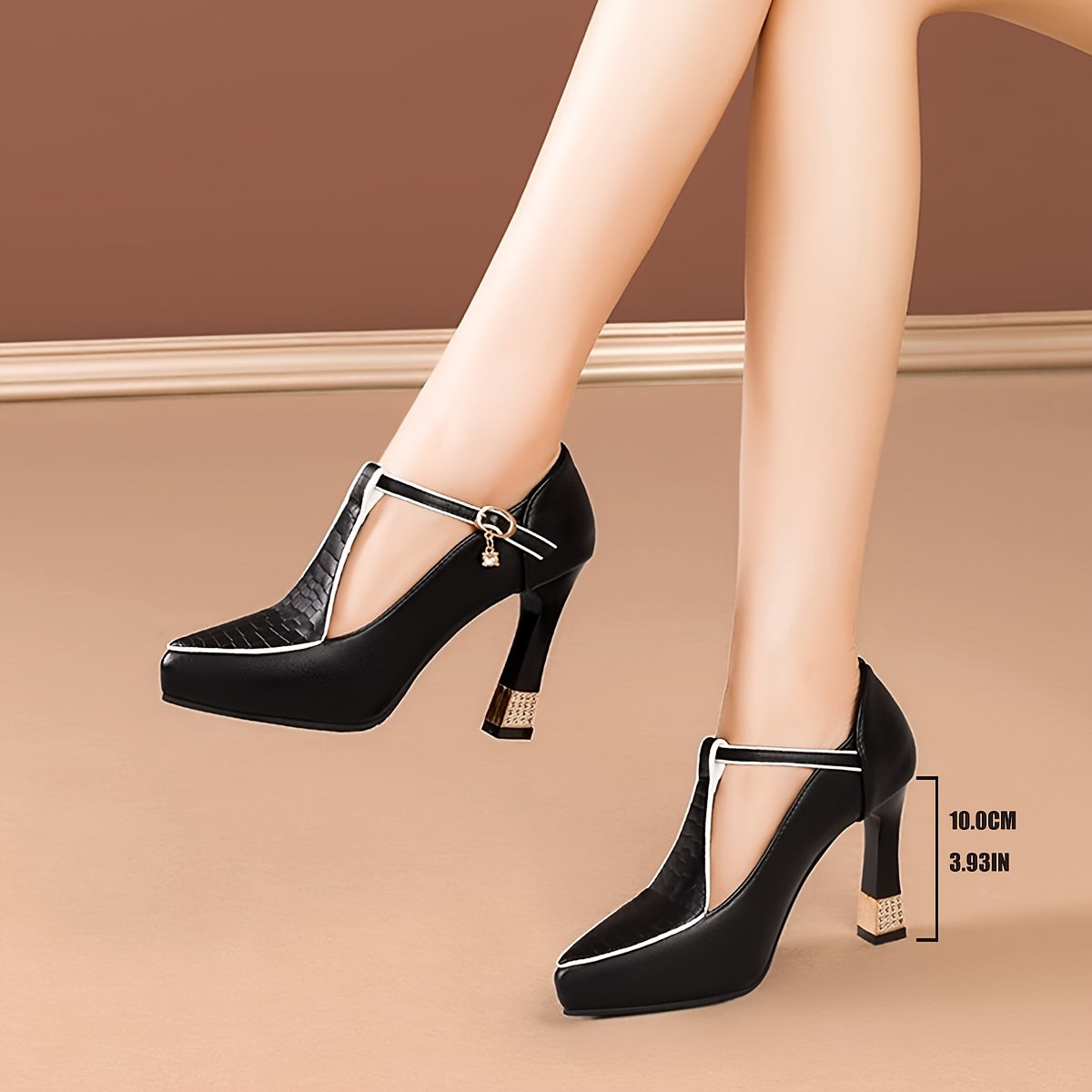 Women's Elegant Black Faux Cover Pointed-Toe Pumps with Rhinestone Buckle, High Block Heel Dress Shoes for Spring.