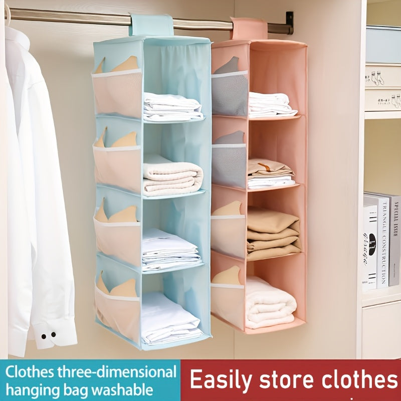 Keep your items organized and easily accessible with this Wardrobe Storage Hanging Bag. It is foldable, washable, and features four layers of storage space for bags, clothes, socks, and more. Save space and maintain neatness in your wardrobe with this