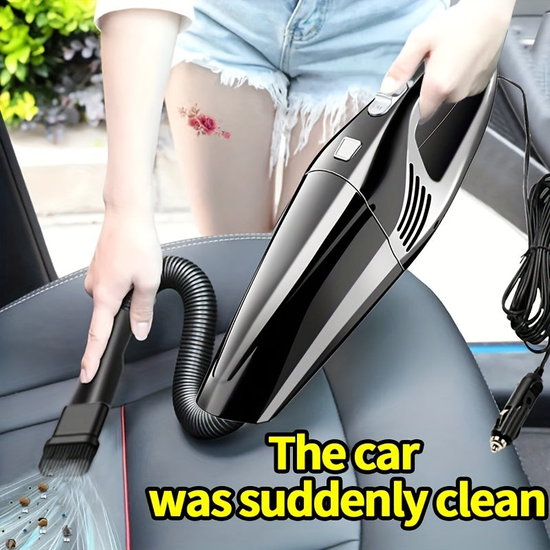 Powerful handheld car vacuum with strong suction, quiet operation, and crevice tool & dust brush. Includes 3-5m cord and plastic body for efficient cleaning.