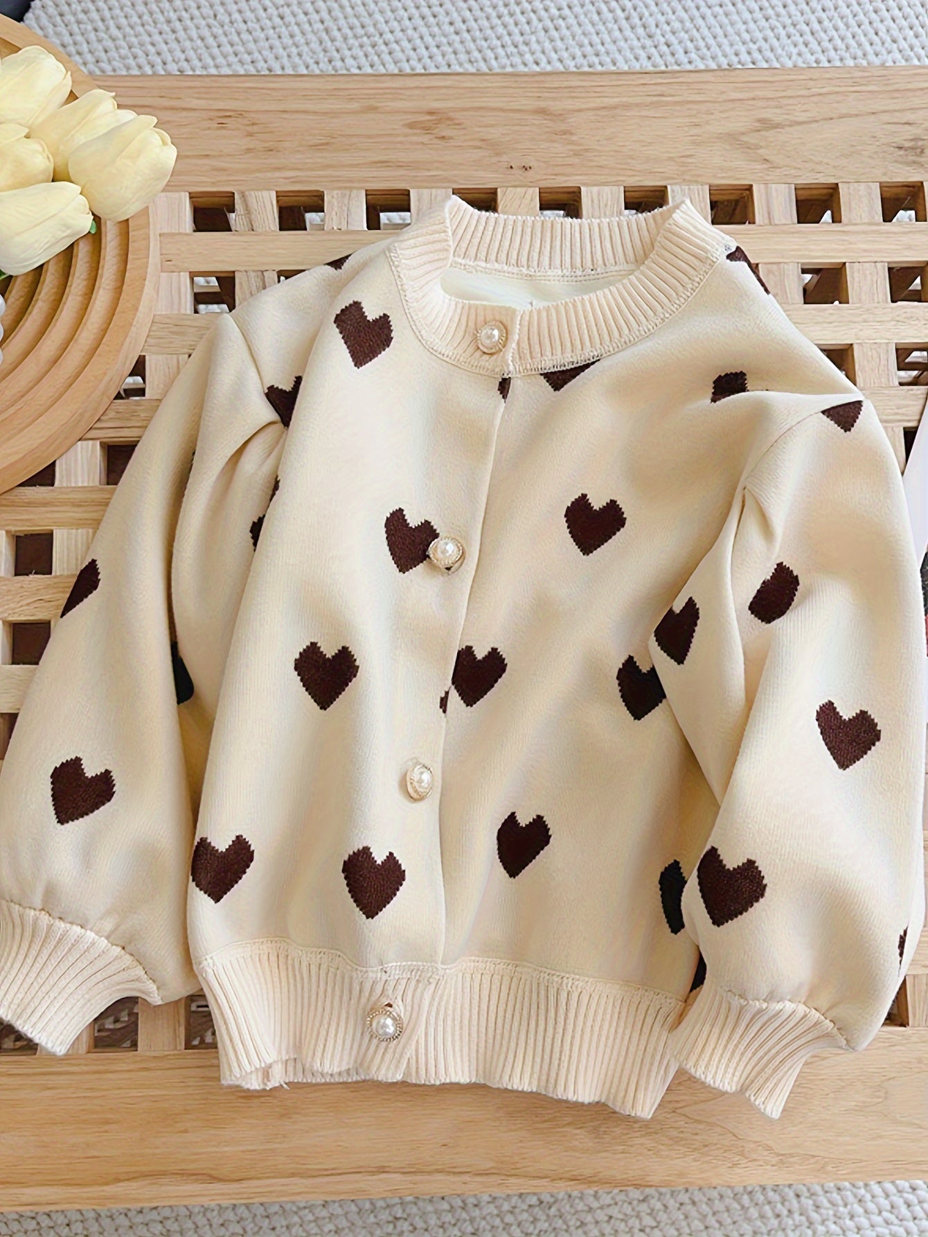 Girls' Cute Hearts Knit Cardigan with Elaborate Buttons, Long Sleeve Sweater Coat for Fall/Spring