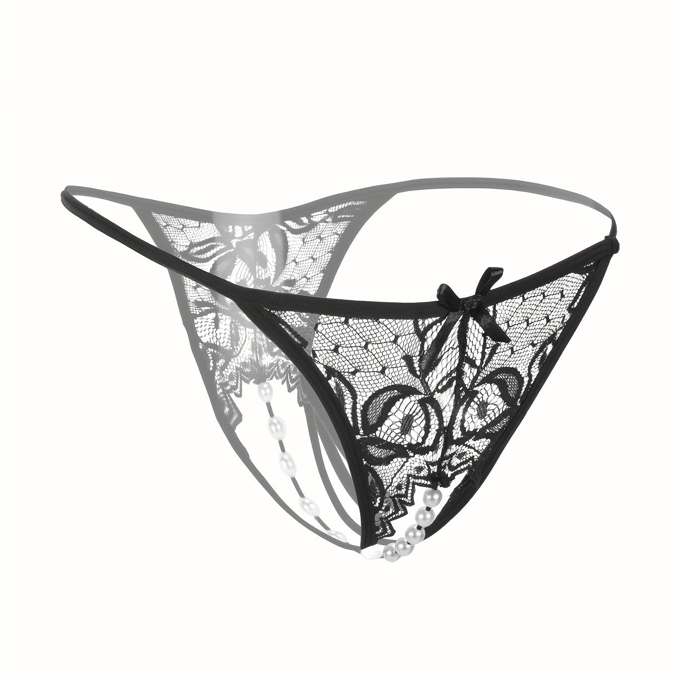 Floral lace thongs with faux pearl detail and open crotch - sexy and comfortable lingerie