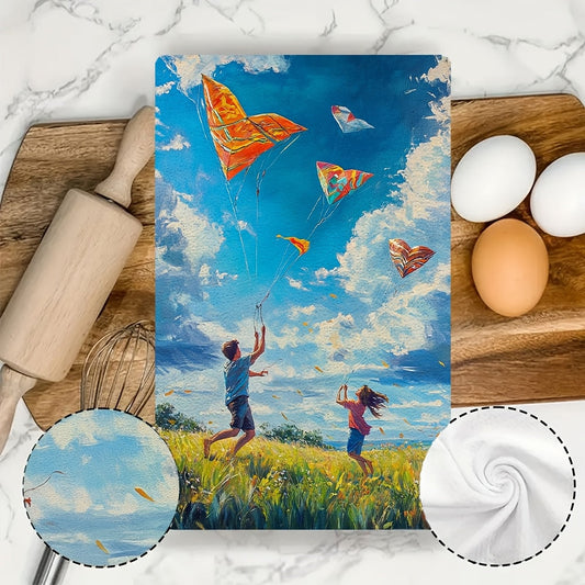 Set of 2 Ultra Soft Kitchen Towels featuring a charming scene of a couple flying colorful kites in a large open field. The kites are in various shapes, including a heart-shaped one. The couple is running around joyfully, trying to get their kites higher