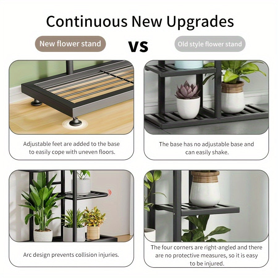 Iron plant stand with 5 layers for organizing and displaying flowers and pots in the home garden.