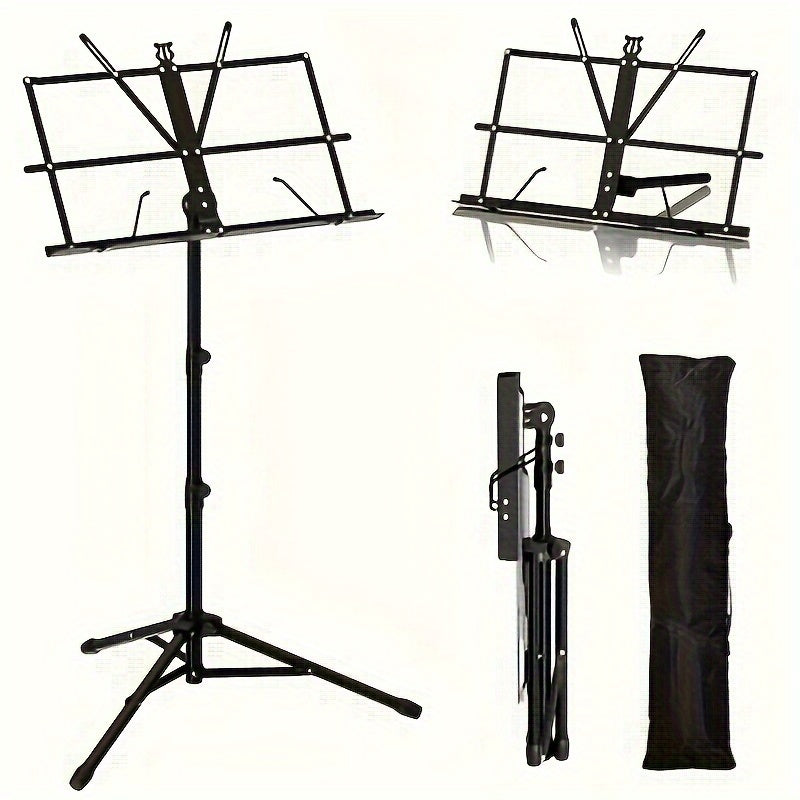 Portable folding music stand for sheet music.