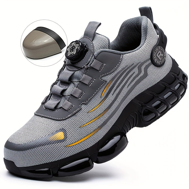 Men's steel toe safety sneakers with rotary button closure for all-season protection during work and outdoor activities.