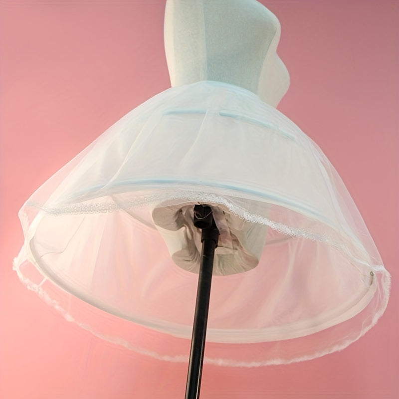 Beautiful tulle petticoat featuring a flexible steel frame, polyester fiber material, intricate floral lace trim, two-tier hoop skirt for added volume, and fishbone support - perfect for weddings and special events.