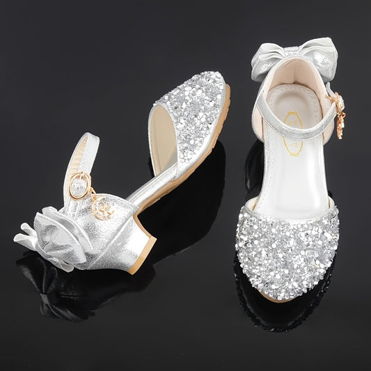 Girls' high heel shoes, youngsters' slippers, girls' silvery dress, piano performance shoes, princess shoes with bow.