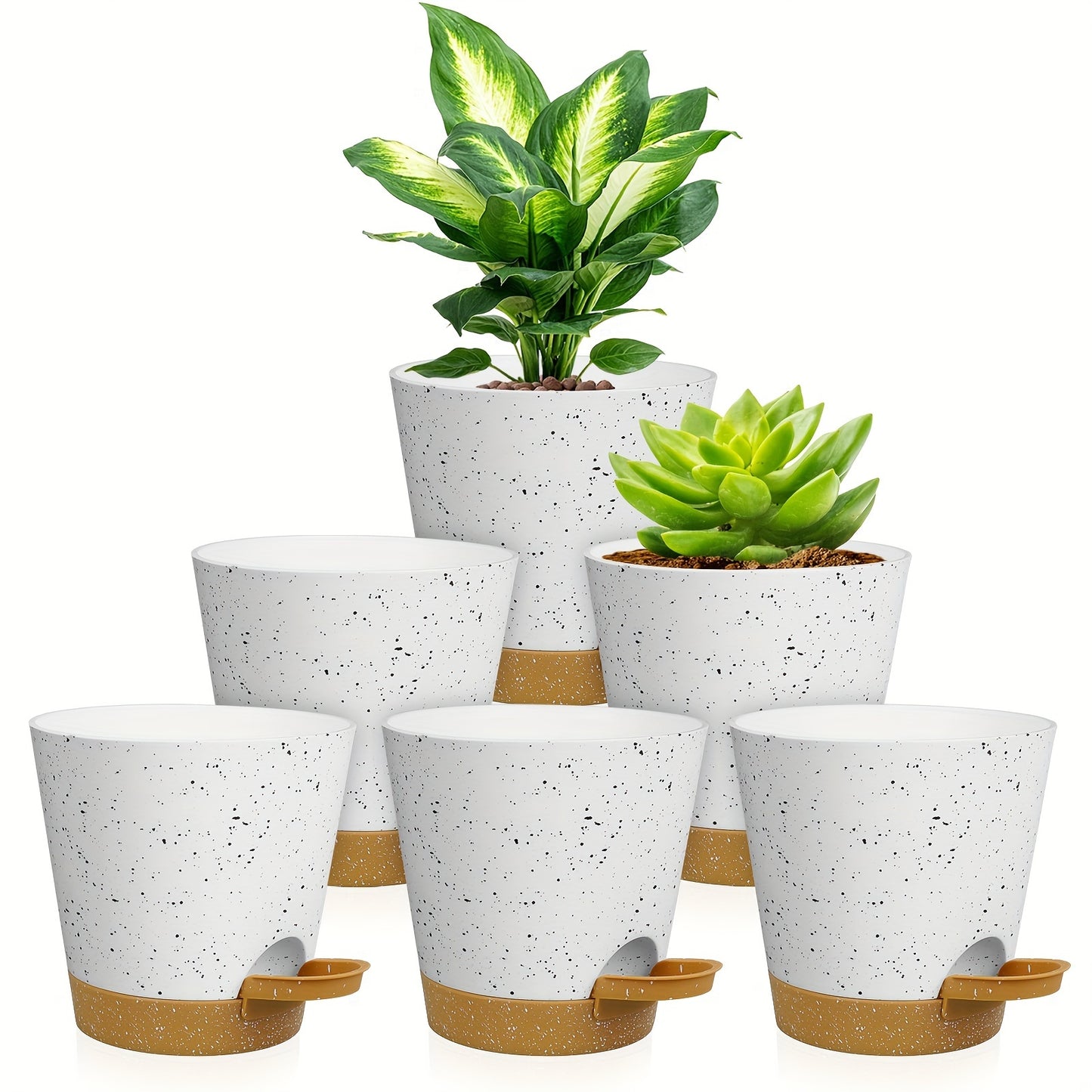 6-Pack of modern plastic planters with speckled design, self-watering and drainage holes, perfect for indoor/outdoor use with succulents, snake plants, violets, and flowers.