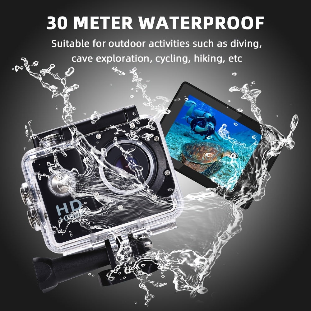 High-definition outdoor sports camera for diving, climbing, aerial videos, and on-board use on motorcycles and bicycles, as well as underwater recording.