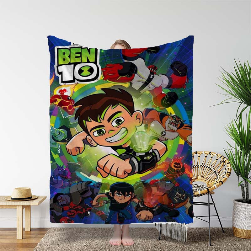 Ben 10 Cartoon Poster Flannel Fleece Blanket - Soft and Stylish, Perfect for All Seasons. Features Digital Print on Polyester Material, Lightweight at 250-300gsm. Versatile Gift for Couch, Bed, Beach, or Picnics.