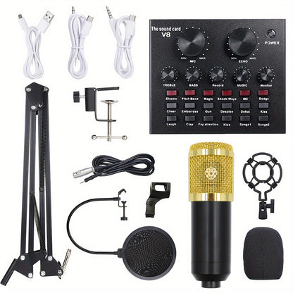 Complete set for recording on mobile phones and laptops, ideal for KTV singing and live streaming with a high-quality black condenser studio microphone, suspension arm, and pop filter.