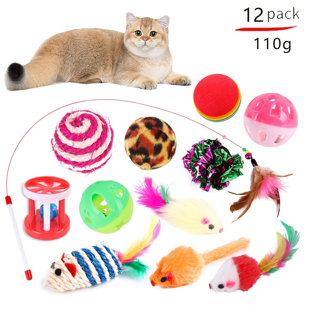 Myuilor Cat Toys Kitten Set includes Interactive Collapsible 3 Way Cat Tunnels and Cat Feather Toy, made of Polyester and does not require batteries.