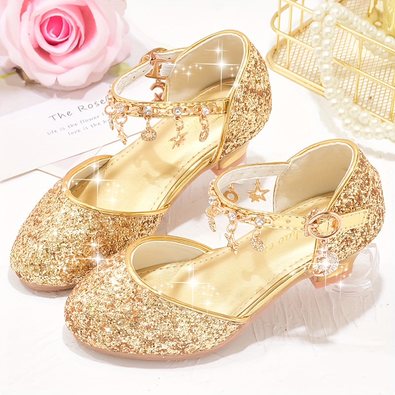 Girls' sparkling princess high heels with glittery golden sequin and rhinestone star design, perfect for weddings, performances, and formal events. Elegant ankle suspender dress shoes