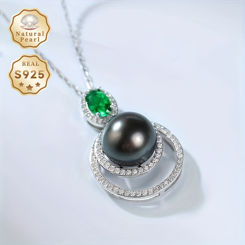 Classic and sophisticated black pearl pendant necklace for women, featuring a 9-10mm natural gemstone set in S925 sterling silver. This timeless piece comes in a gift box, making it ideal for everyday wear or as a special gift.