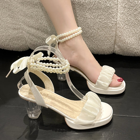 Stylish Summer 2024 Women's High Heel Sandals - Lace-Up with Faux Pearl Accents, Roman Style for Dresses