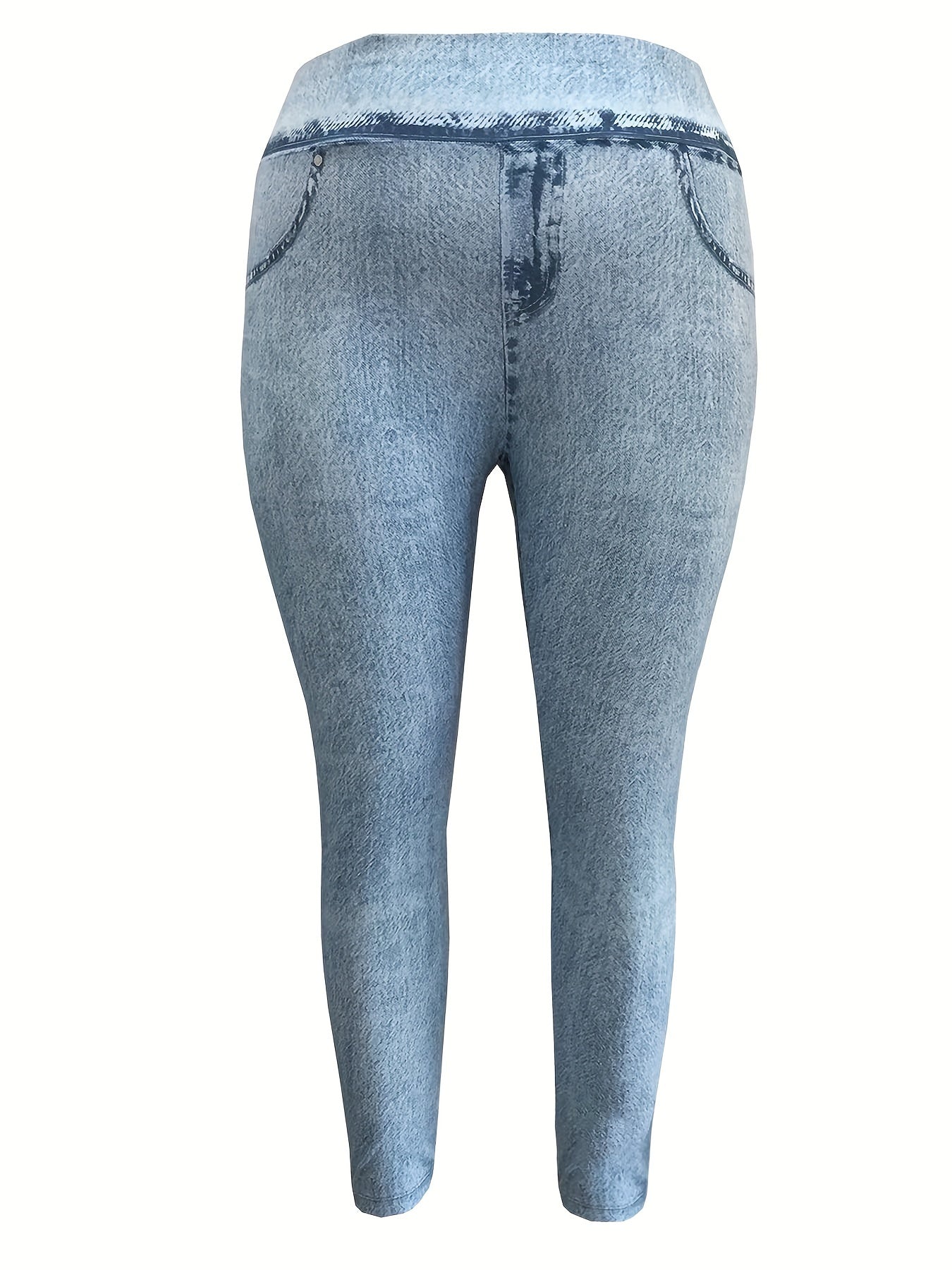 Plus size women's skinny faux denim pants made from 95% polyester and 5% elastane. Casual all-season knit fabric with medium stretch and all-over faux denim print. 230g/m².