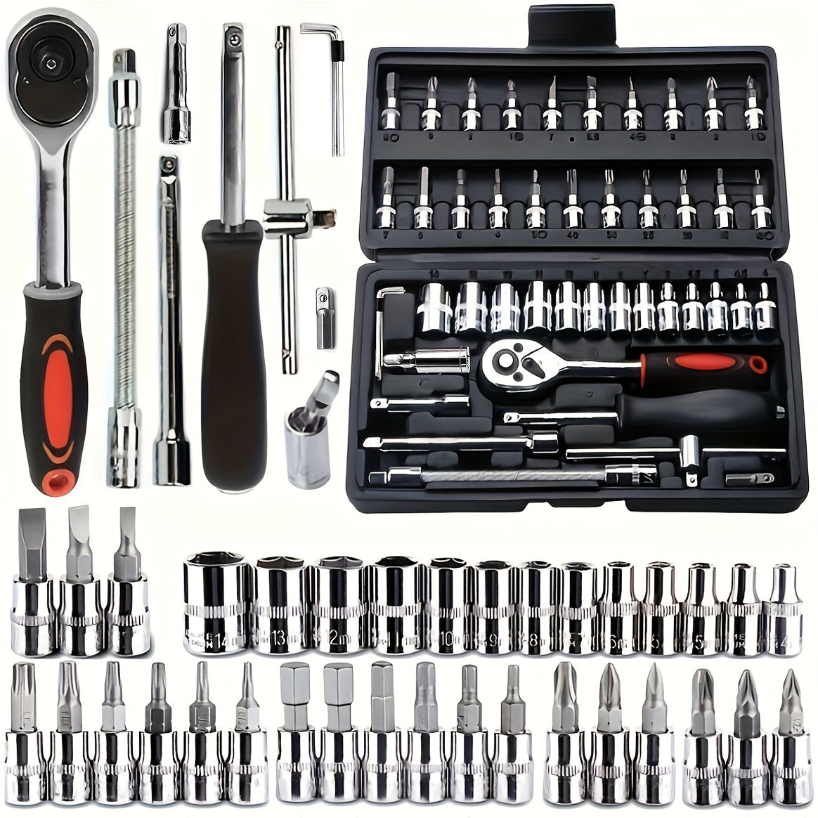 Car repair tool kit with 46 pieces including 1/4 inch drive socket ratchet wrench set, combo tools for bicycle and auto repairs.