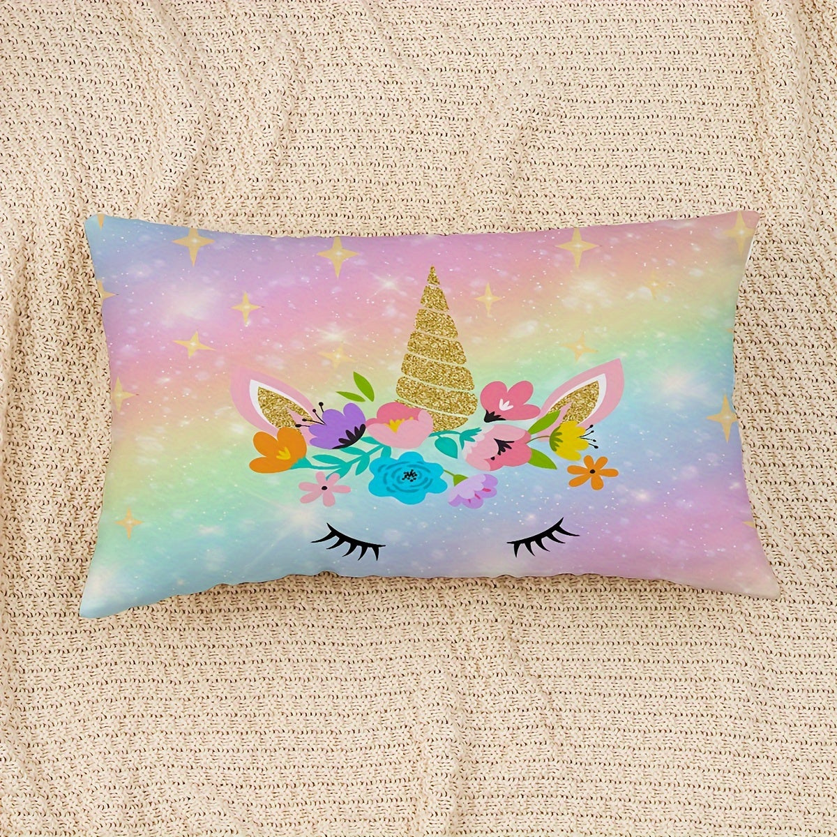 Double-sided printing on cute throw pillow cover with rainbow glitter galaxy design, perfect for couch, sofa, living room, or bedroom. Pillow insert not included.