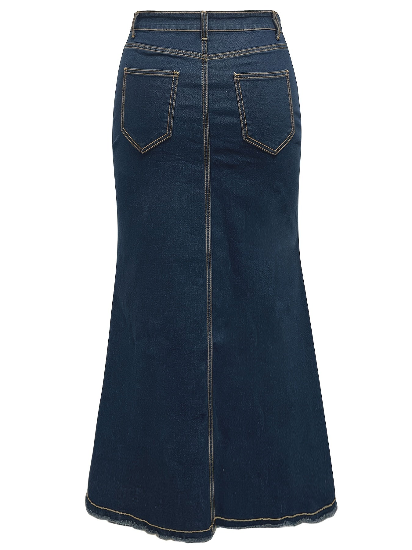 Elegant button detail denim midi skirt for plus size, high-waisted and flowing silhouette, machine washable, dark blue with light gray accents.