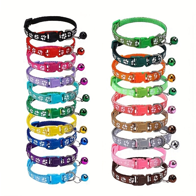 10 Cute Paw Print Adjustable Pet Collars with Bells, Nylon Cat Safety Collars