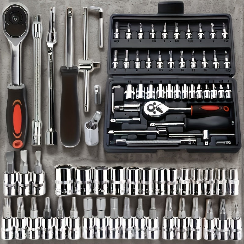 46pc Auto Repair Tool Kit made of carbon steel ratchet wrenches in a durable metal toolbox. Ideal for mechanics and DIY hobbyists.