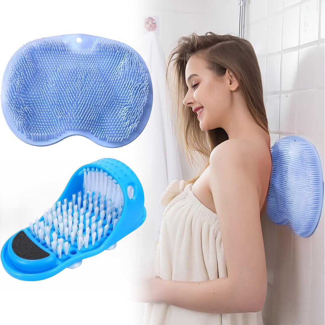 Set of 2 Ergonomic Shower Scrubbers - Includes Non-Slip Foot and Back Exfoliating Brushes with Suction Cups. Made from Durable Plastic, this Massage Pad is Suitable for Men and Women. It is Reusable, Soothes Foot Pain, Removes Calluses and is Ideal for