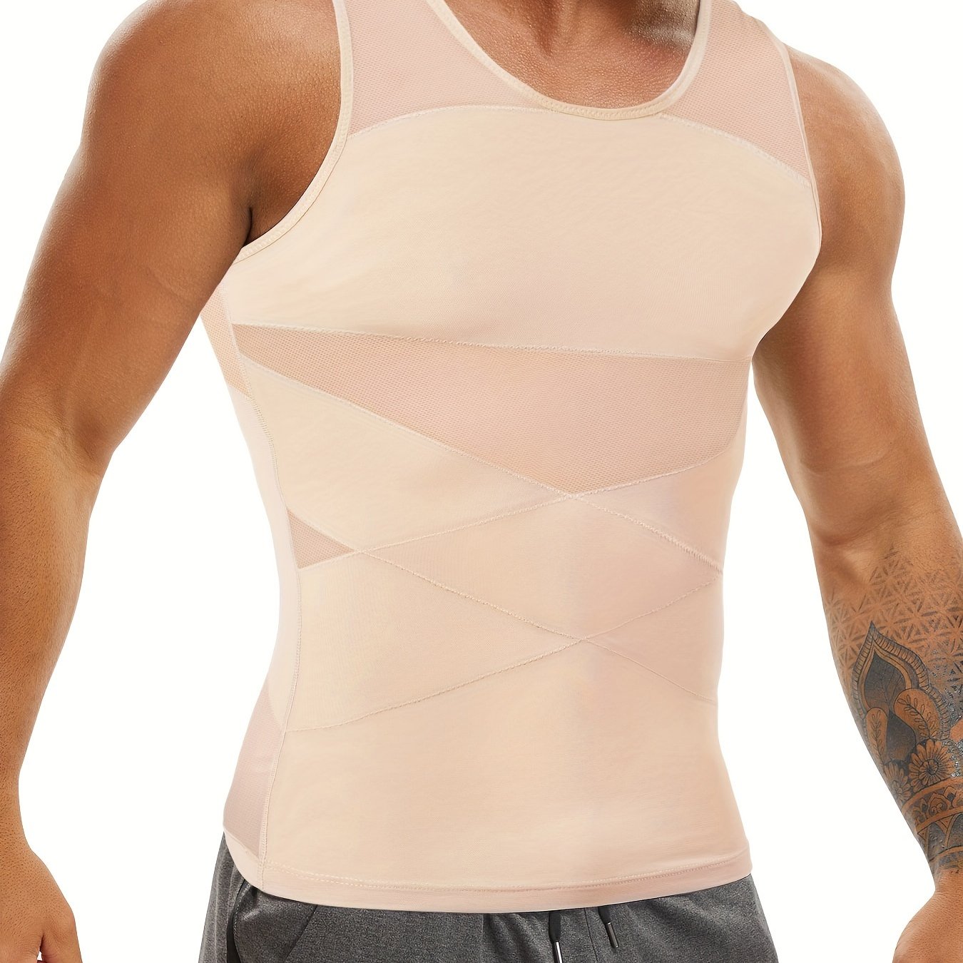 Junlan Men's High Compression Vest made of Nylon 88% and Spandex 12%, with a Skinny Fit, Crew Neck, Solid Color, Cross Strap Design, and All-Season Breathability.