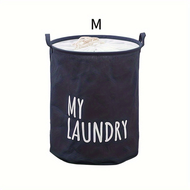 Classic Thick Fabric Laundry Basket with Drawstring Closure - Versatile Cylinder-Shaped, Foldable Dirty Clothes Storage Bin in Navy, White, and Gray featuring "MY LAUNDRY" Print for Stylish Room Decor, Laundry Room Organization, and Storage Solution