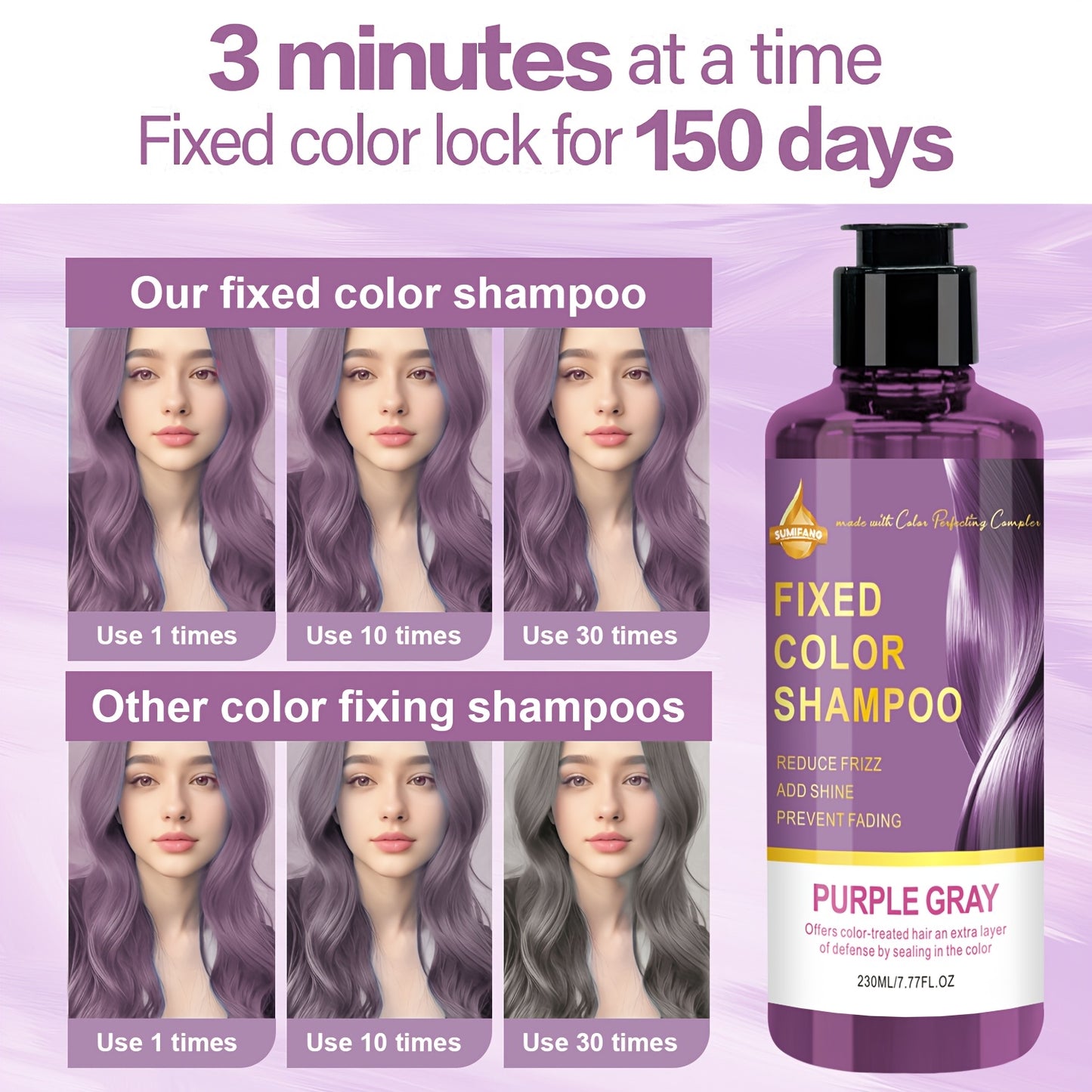 230 ml bottle of purple-gray tinted shampoo suitable for both men and women. Moisturizing coconut oil conditioner ideal for dry hair. Can be used daily for cosmetic purposes.