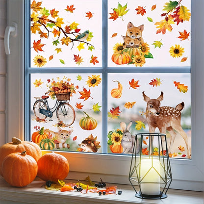 68 large fall decorations including cute animals, pumpkins, and maple leaves in a set of 9 Autumn Harvest window clings. Easy to apply and remove, making them perfect for decorating Thanksgiving home and party display windows.