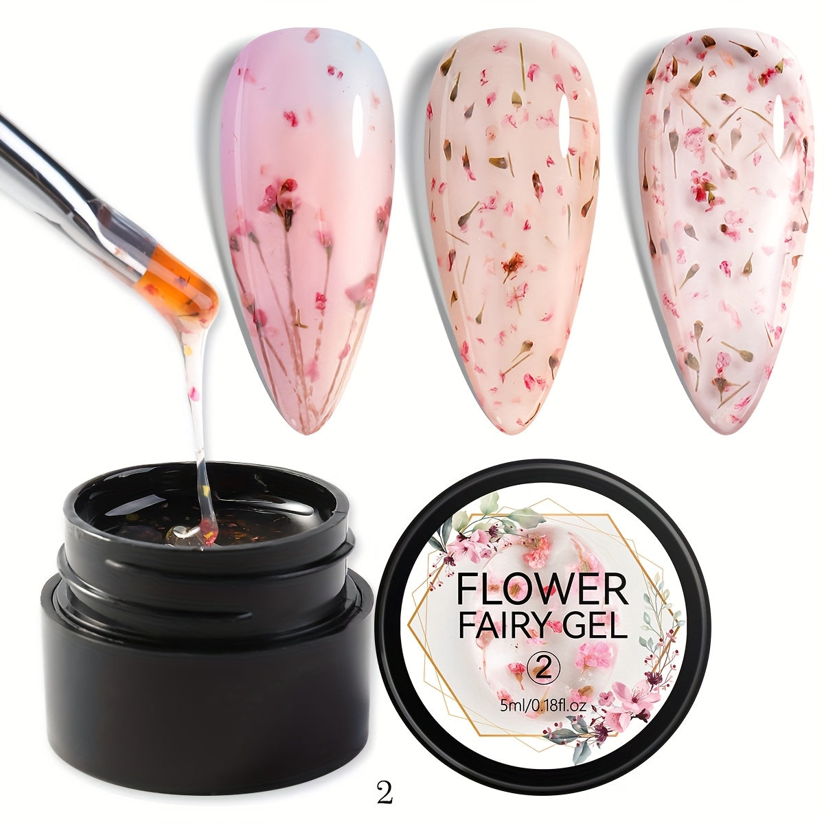 1 bottle of unscented metal compatible soak-off gel nail polish with dried flower design in colors of pink, red, yellow, and blue. Ideal for DIY manicures and nail art.