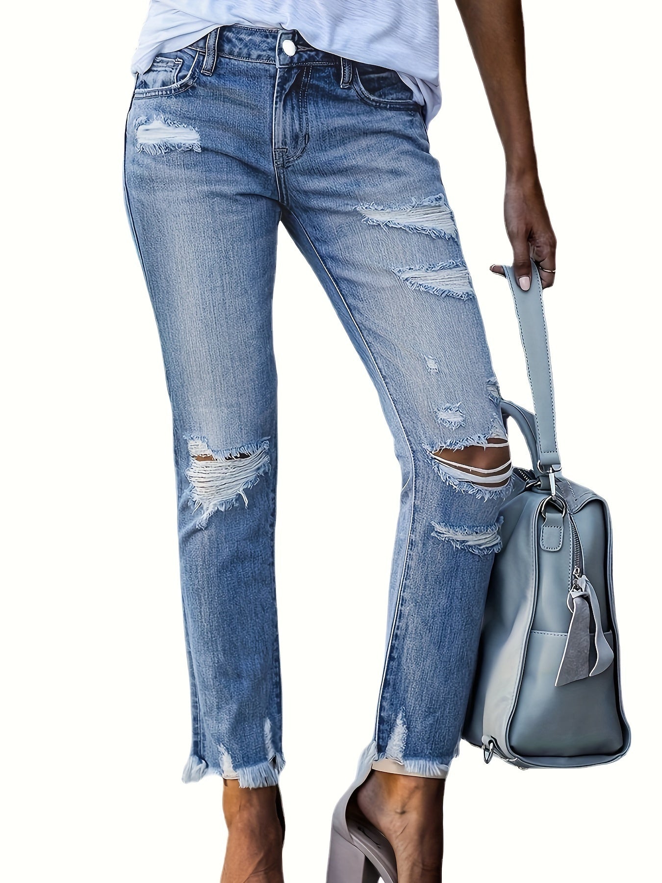 Elegant women's denim jeans with solid color, high elasticity, mid-rise waist, straight fit, 9-inch length, zipper closure, and pockets - perfect for any season and going out.