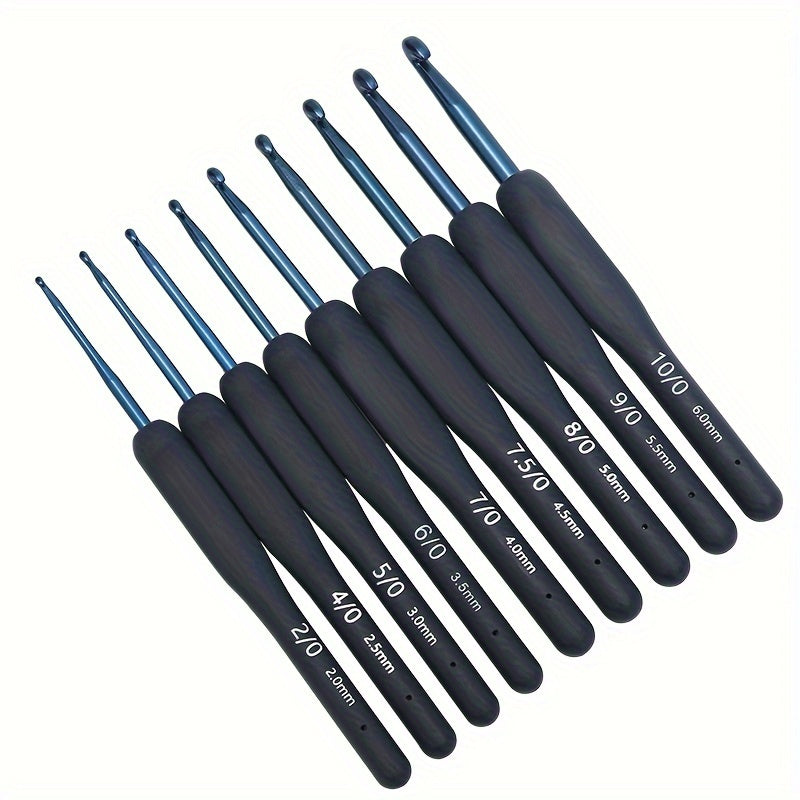 Blue crochet tool set includes 9pcs with soft handle, perfect for beginners. Random color. Great gift.