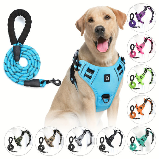 Durable reflective dog harness and leash set in various colors, suitable for all sizes of dogs. Includes 152.4cm leash. Hand wash only.