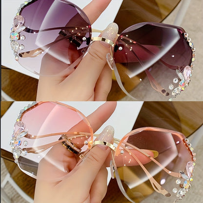 Purchase one and receive one free rhinestone glasses with a frameless gradient lens and a unique bent leg design.