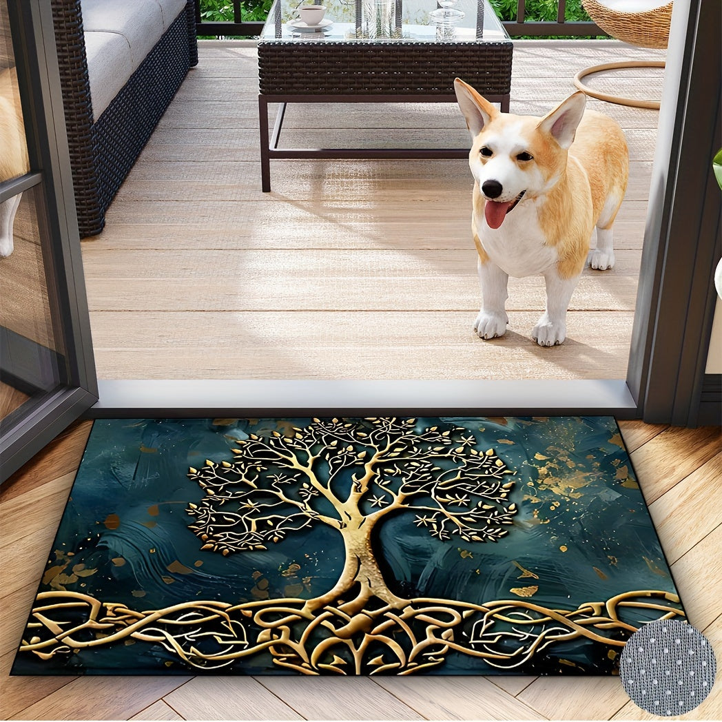 Life Tree Pattern Welcome Mat made of crystal velvet fabric with silicone backing, 1000g/m², non-slip washable rectangular entry rug for home, garden, patio, laundry, bathroom decor. Hand