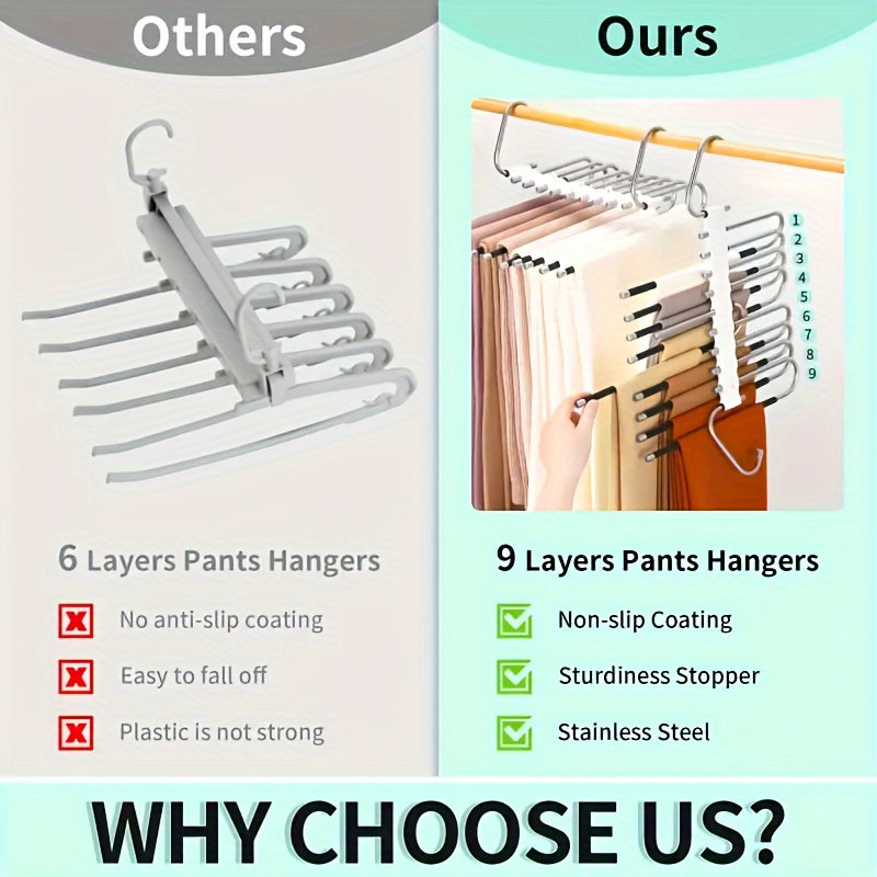 9-tier space-saving pants hanger with anti-slip coating, 5 extra hooks, stainless steel closet organizer for leggings, jeans, and trousers, maximizes wardrobe storage.